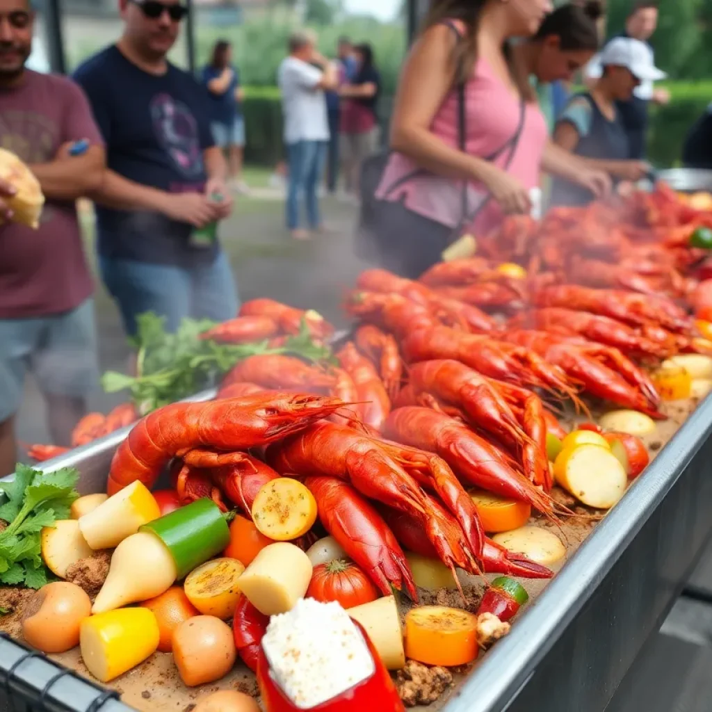 A beautiful spread of a crawfish boil with fresh crawfish, vegetables, and spices.