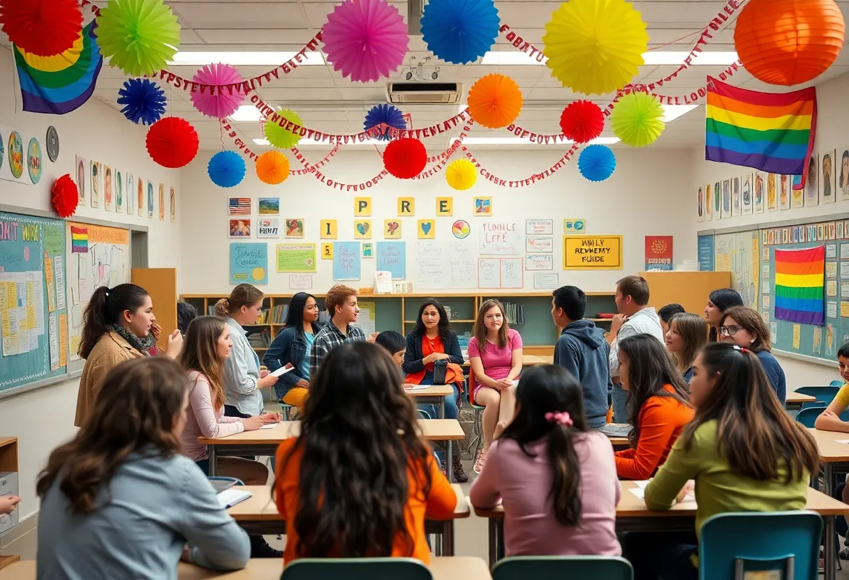 A diverse group of students and educators in a school environment promoting inclusivity and acceptance.