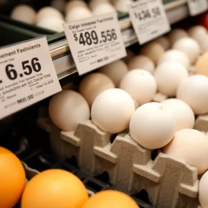 Eggs displayed in a grocery store with price tags showing high prices.