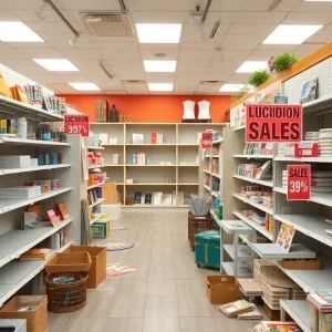 Empty aisles in Joann Fabrics with liquidation sale signs