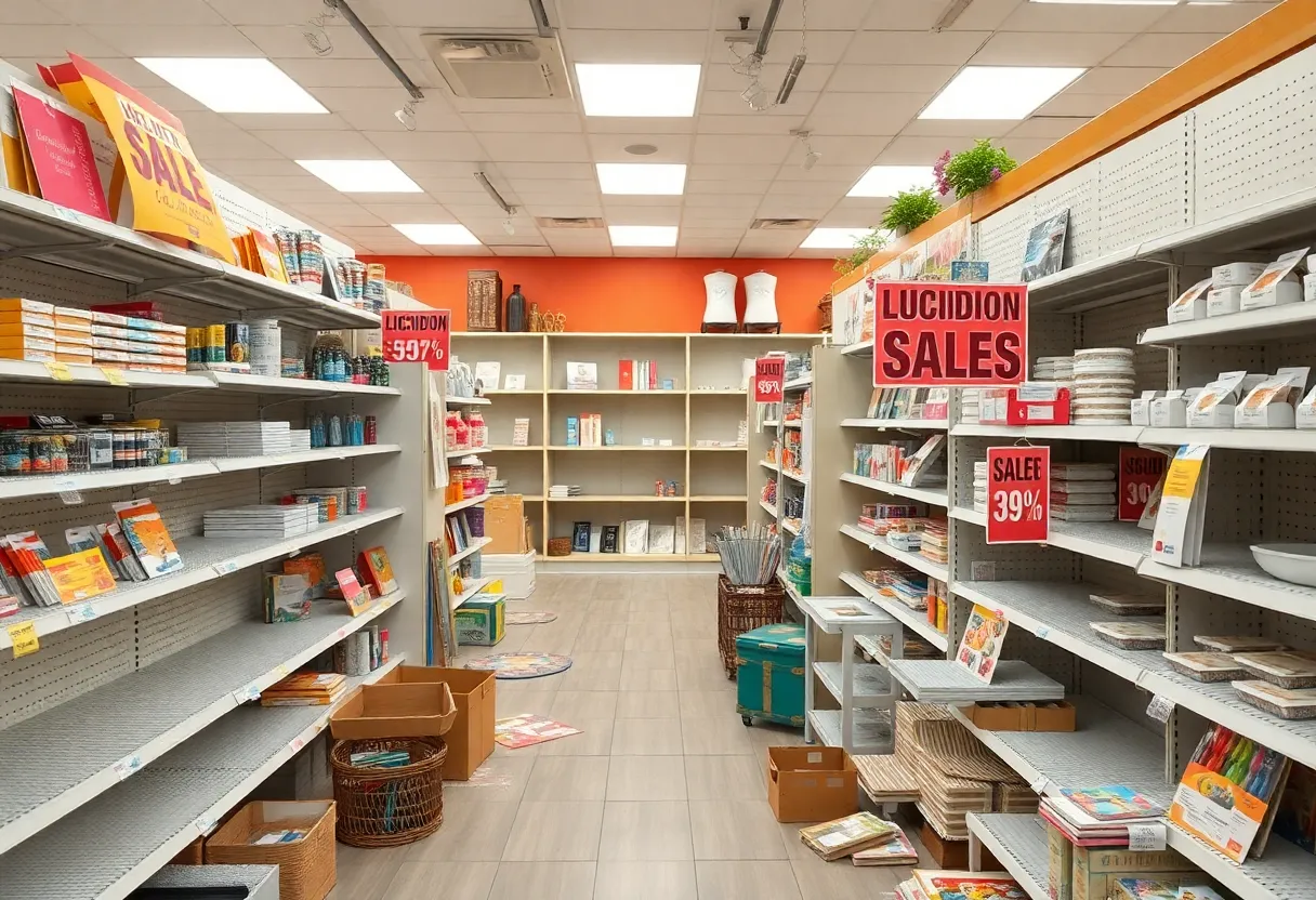 Empty aisles in Joann Fabrics with liquidation sale signs