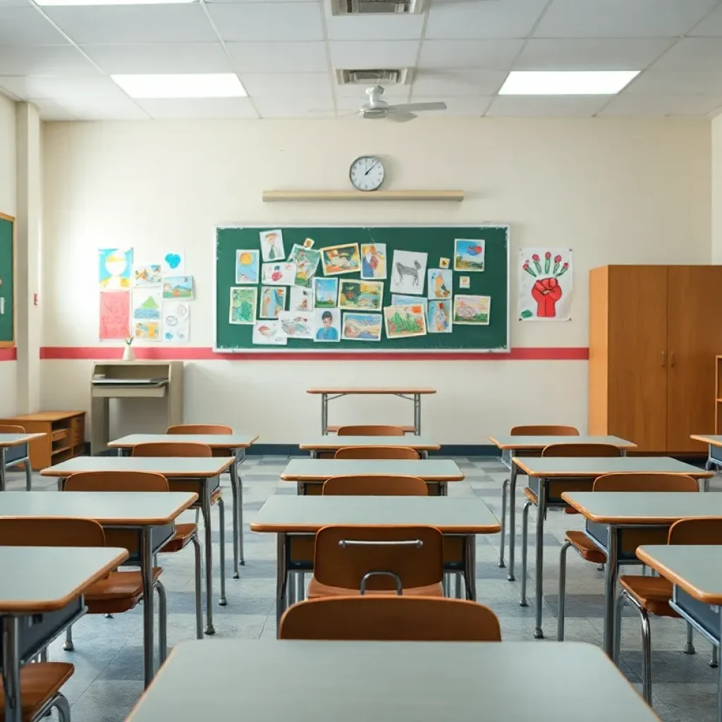 An empty classroom showcasing student artwork and unoccupied desks