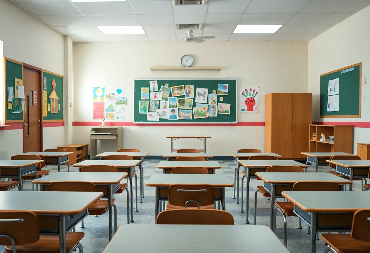 An empty classroom showcasing student artwork and unoccupied desks