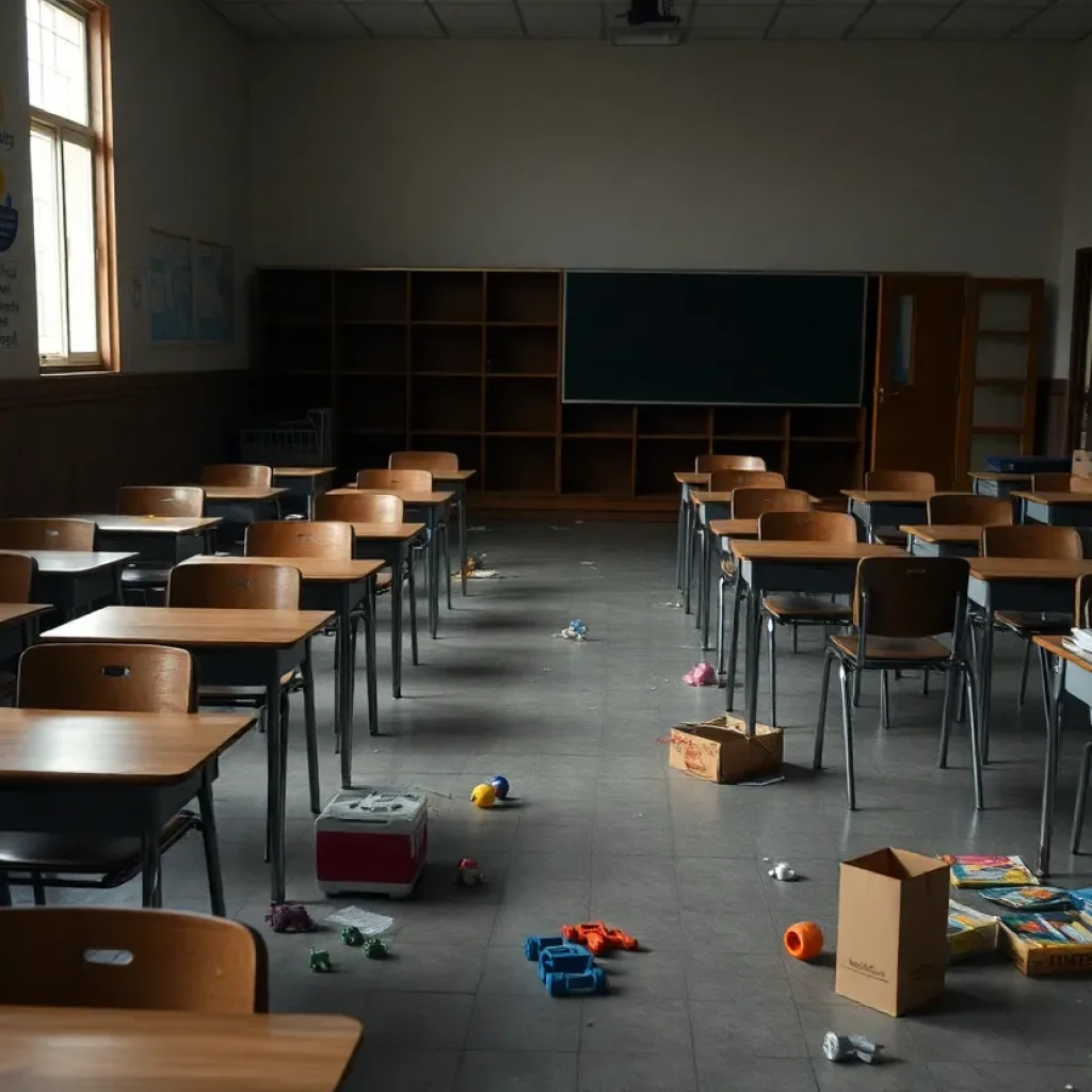 Dimly lit classroom with toys, representing child safety concerns.