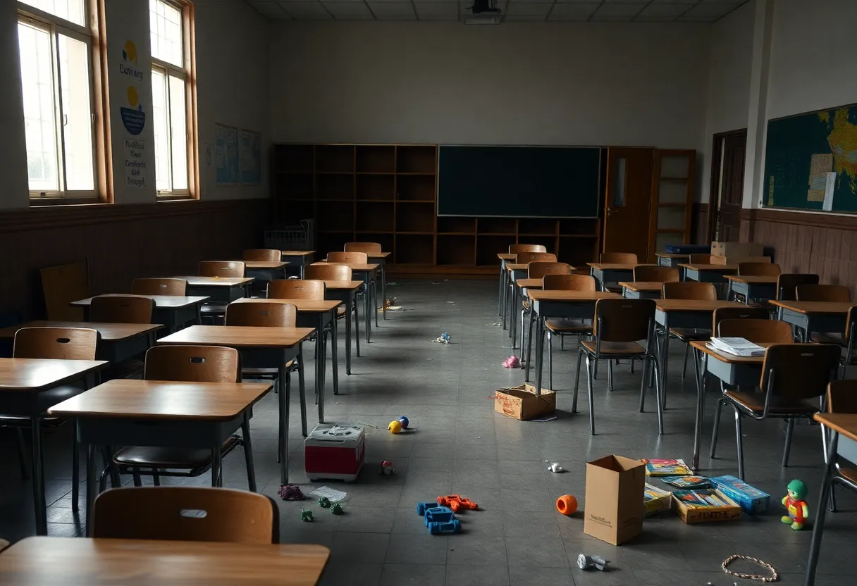 Dimly lit classroom with toys, representing child safety concerns.