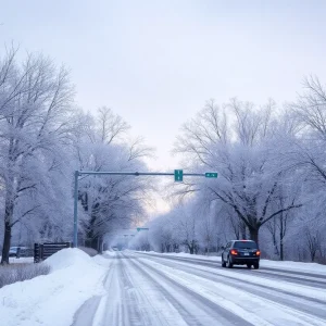 Icy trees and roads during extreme cold in North Texas