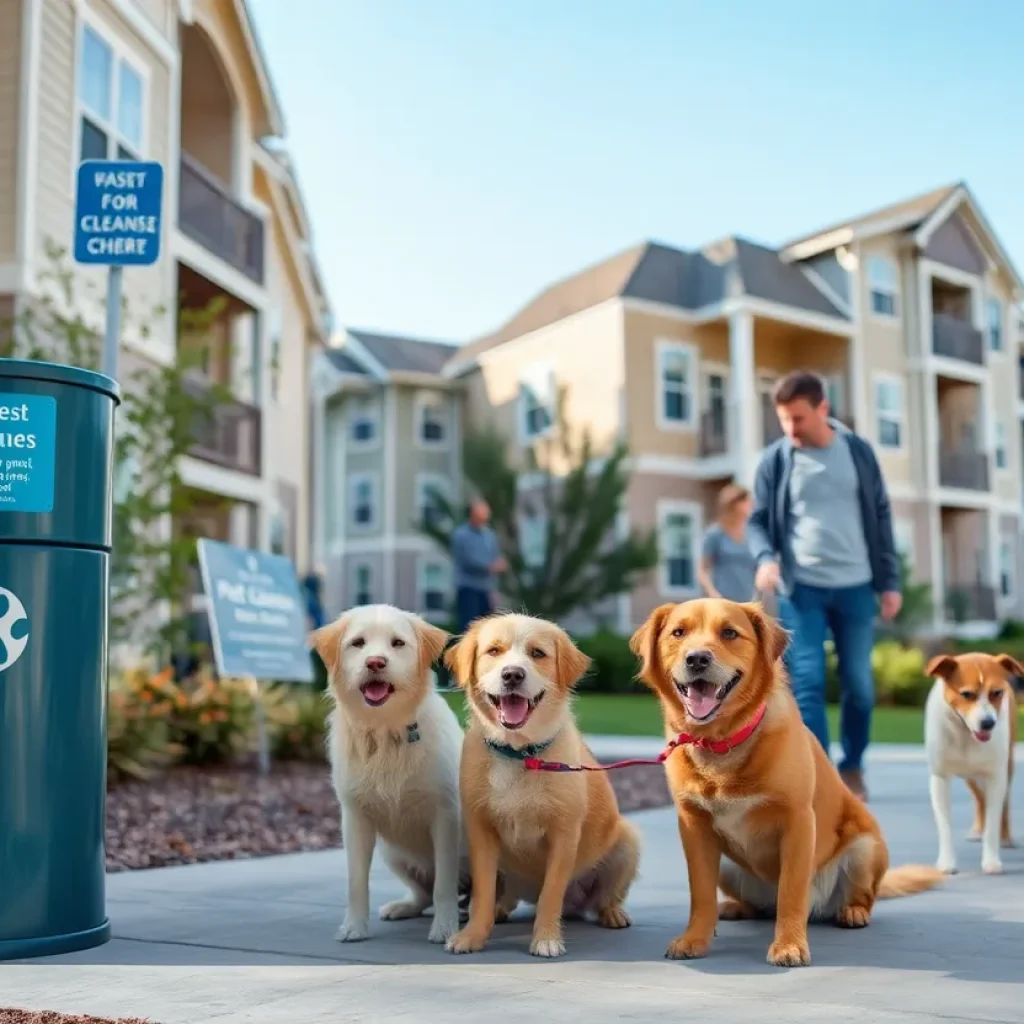 Happy dog owners and their pets in a clean apartment community.