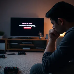 A frustrated gamer staring at an error screen during a PlayStation Network outage.