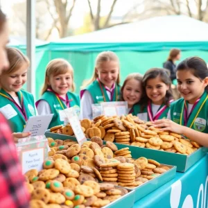 Variety of Girl Scout Cookies at a booth for sale