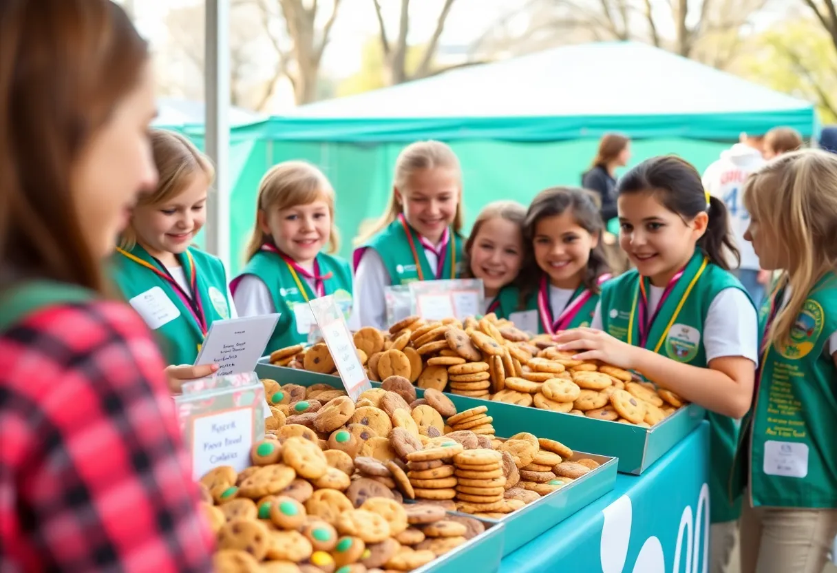 Variety of Girl Scout Cookies at a booth for sale