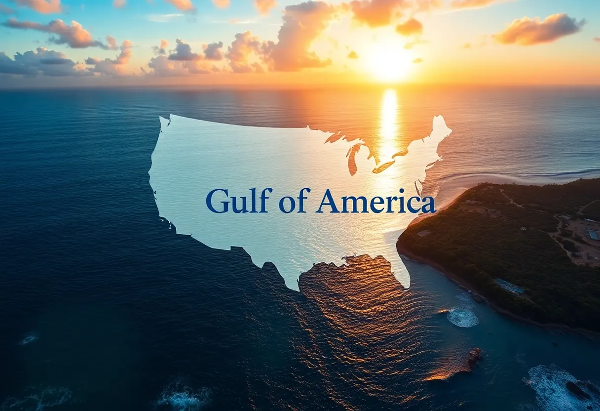 Map showing Gulf of America renamed from Gulf of Mexico