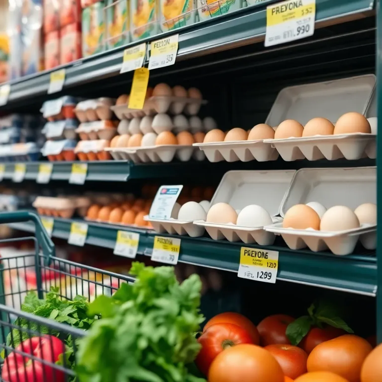 Various egg cartons with high prices in a grocery store