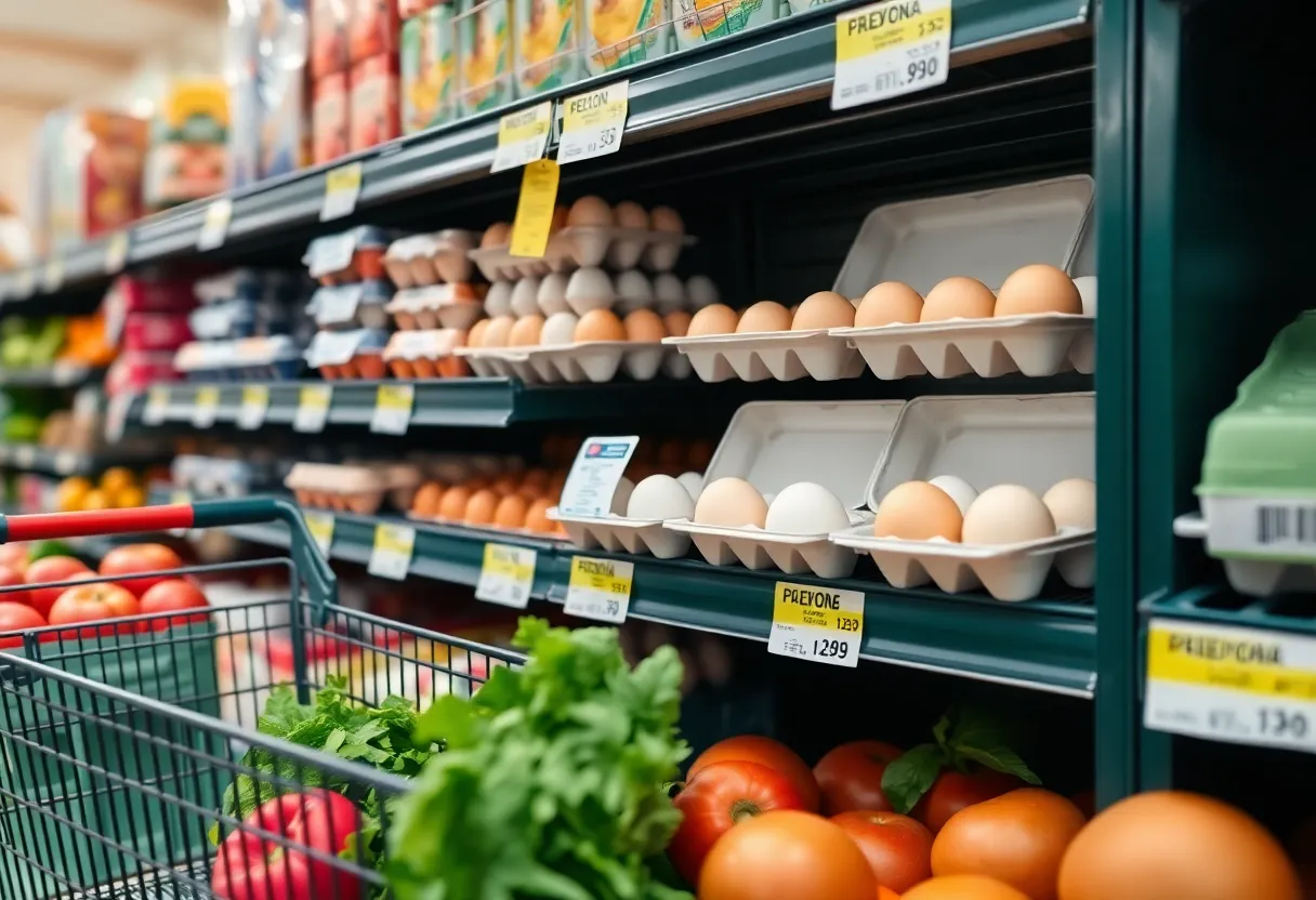 Various egg cartons with high prices in a grocery store