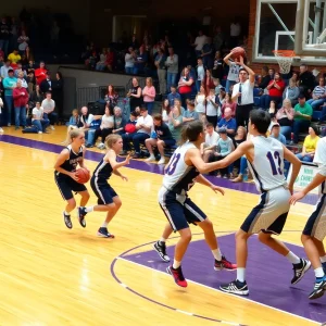 Huntington High School basketball players in action during a game.