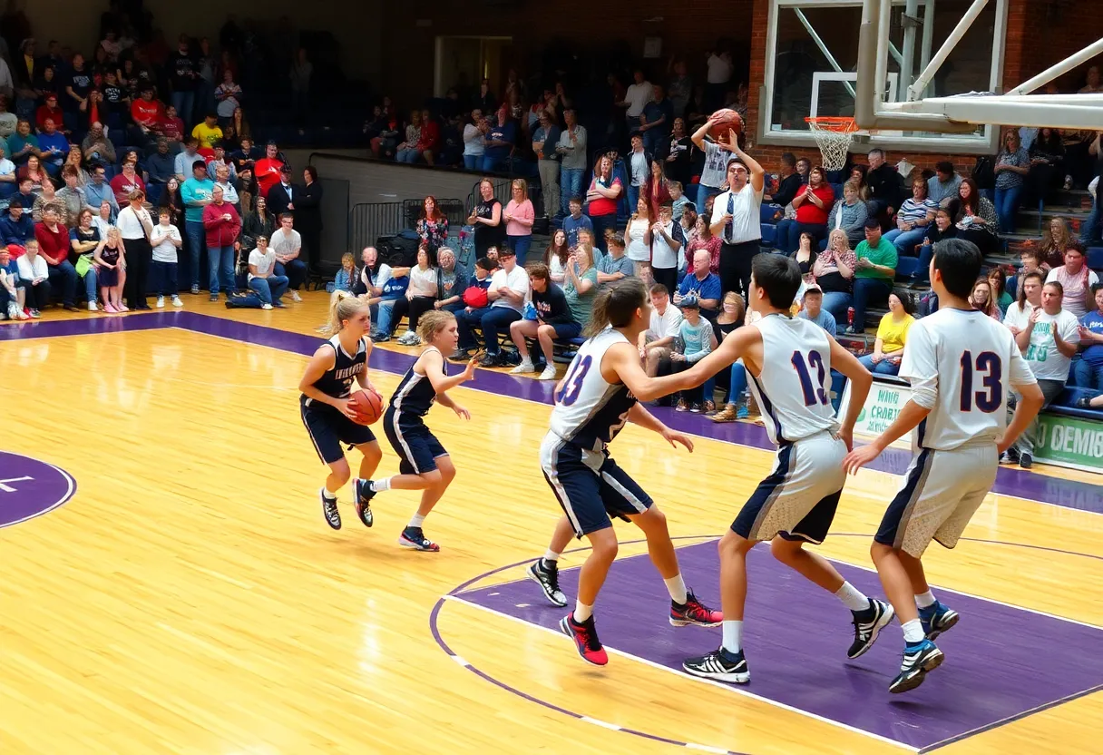 Huntington High School basketball players in action during a game.