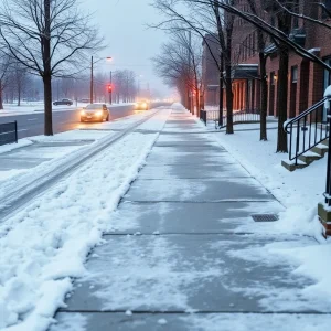 Snowy street scene in North Louisiana during winter weather