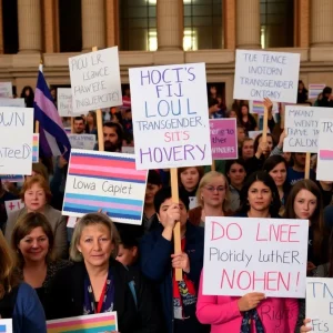 Protesters at Iowa Capitol opposing transgender rights legislation