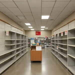 Empty shelves in a Joann Fabrics store signaling upcoming closure.