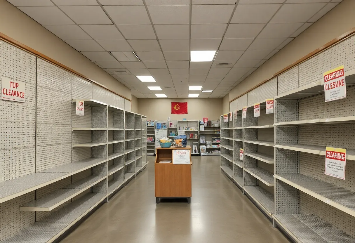 Empty shelves in a Joann Fabrics store signaling upcoming closure.