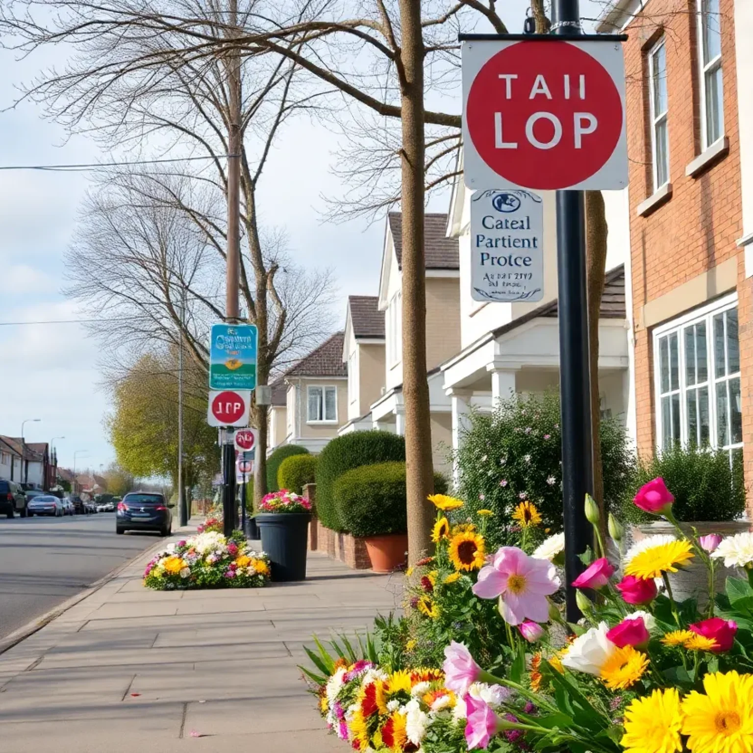 Community tribute to Joe Shyne with flowers and signs