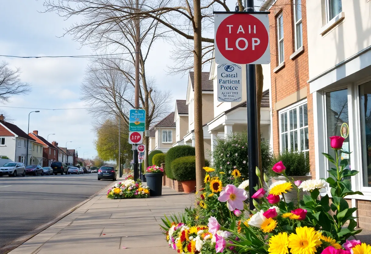 Community tribute to Joe Shyne with flowers and signs