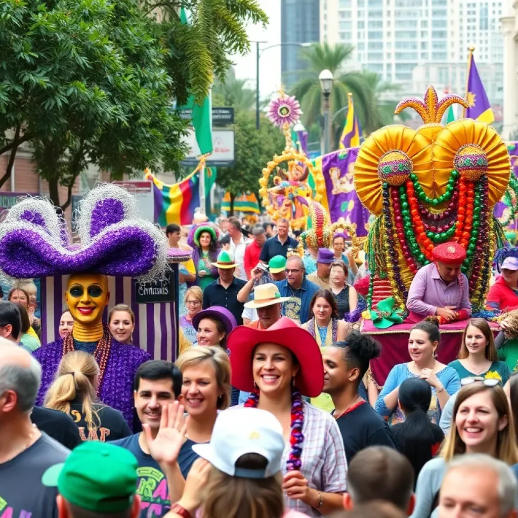 Crowd enjoying the Krewe of Centaur Parade in Shreveport with colorful floats and beads.