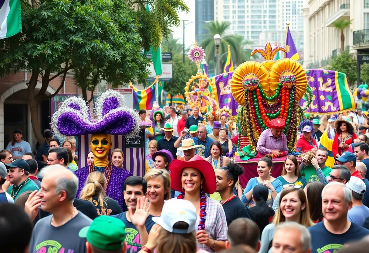 Crowd enjoying the Krewe of Centaur Parade in Shreveport with colorful floats and beads.