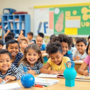 Students in a colorful classroom participating in educational activities