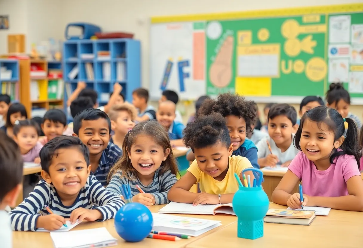 Students in a colorful classroom participating in educational activities