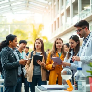 Students and faculty collaborating on research in a university lab