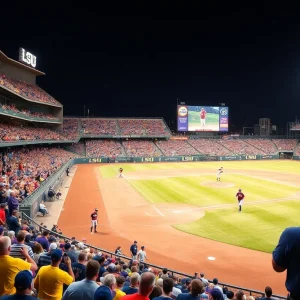 Fans cheering for LSU Baseball in a packed stadium