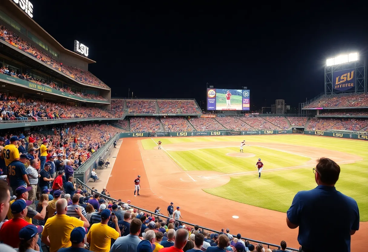 Fans cheering for LSU Baseball in a packed stadium