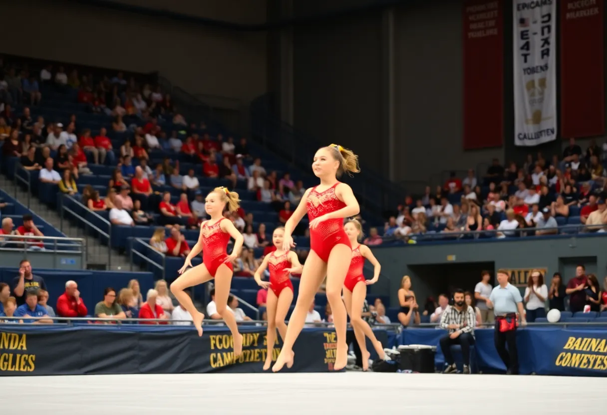 Collegiate gymnasts performing during a competition