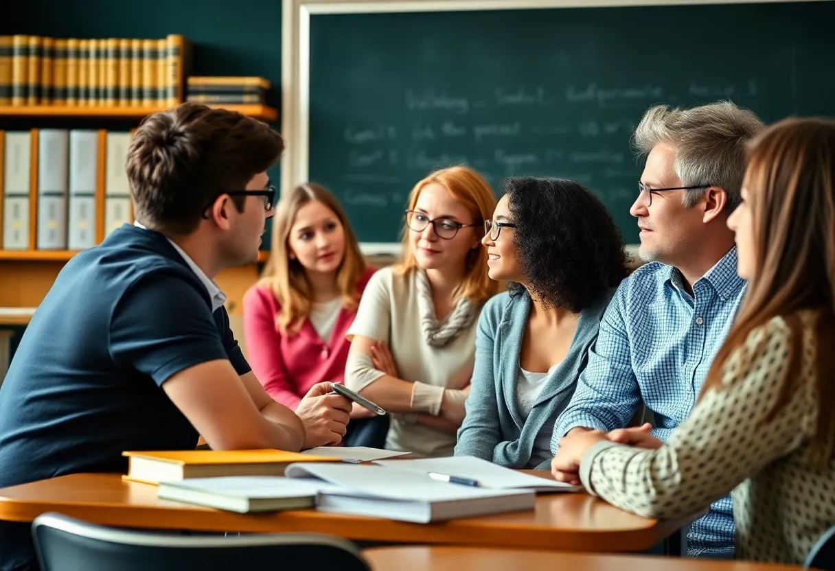 Students engaged in a discussion in a university classroom about academic freedom.