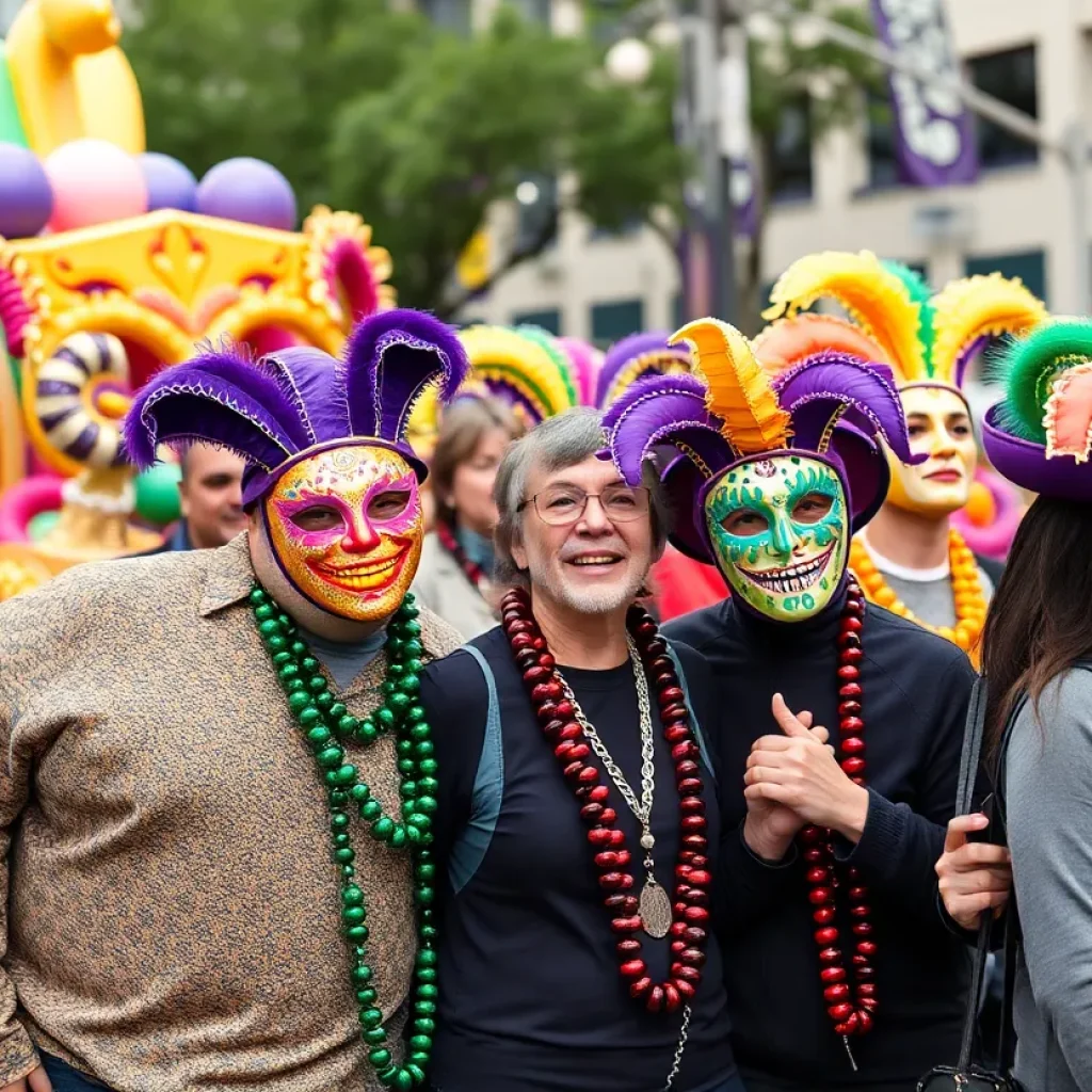 Participants celebrating in the Mardi Gras Parade in Shreveport