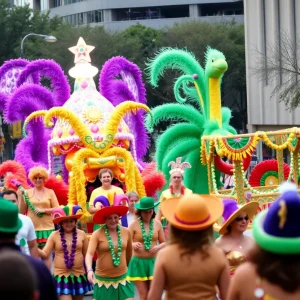 Colorful floats and crowds celebrating Mardi Gras in Shreveport