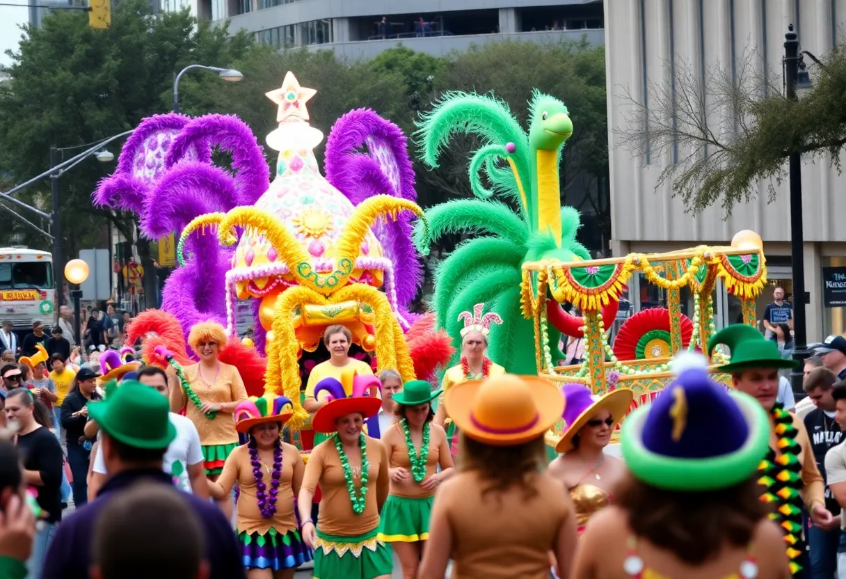 Festive Mardi Gras parade in Shreveport with colorful floats and crowds