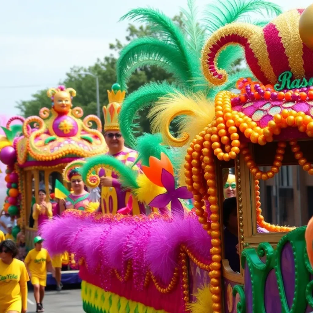 Crowd enjoying a Mardi Gras parade in Shreveport with colorful floats