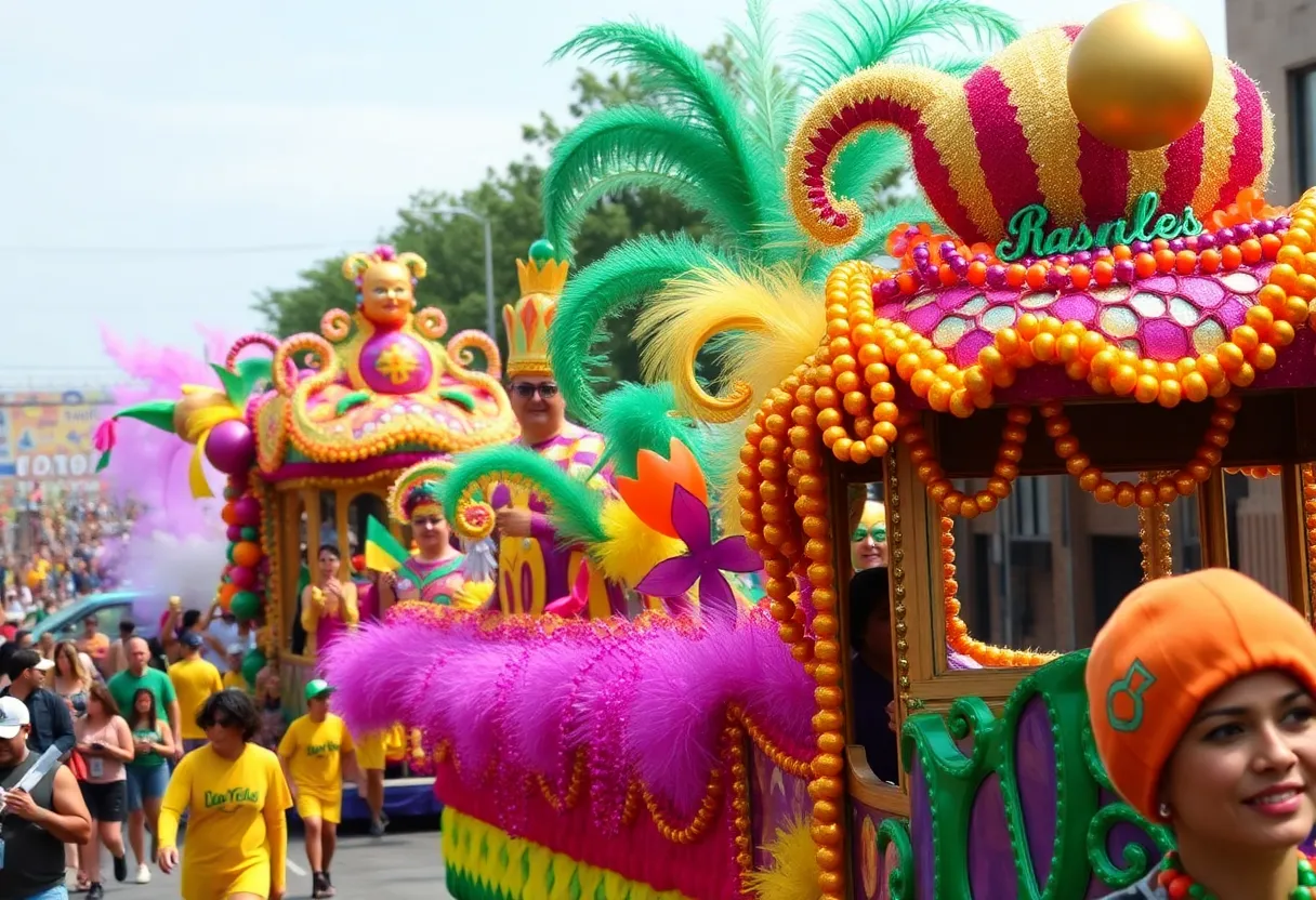 Crowd enjoying a Mardi Gras parade in Shreveport with colorful floats