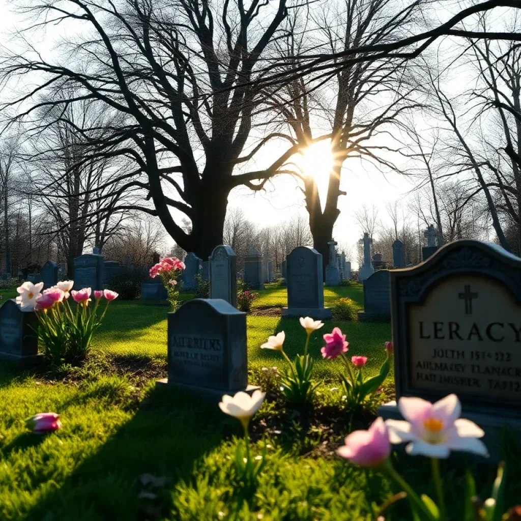 Gravestone surrounded by flowers in a peaceful graveyard