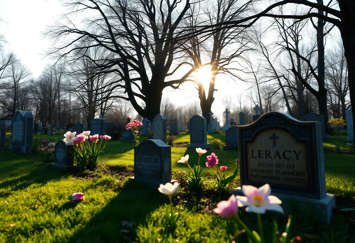 Gravestone surrounded by flowers in a peaceful graveyard