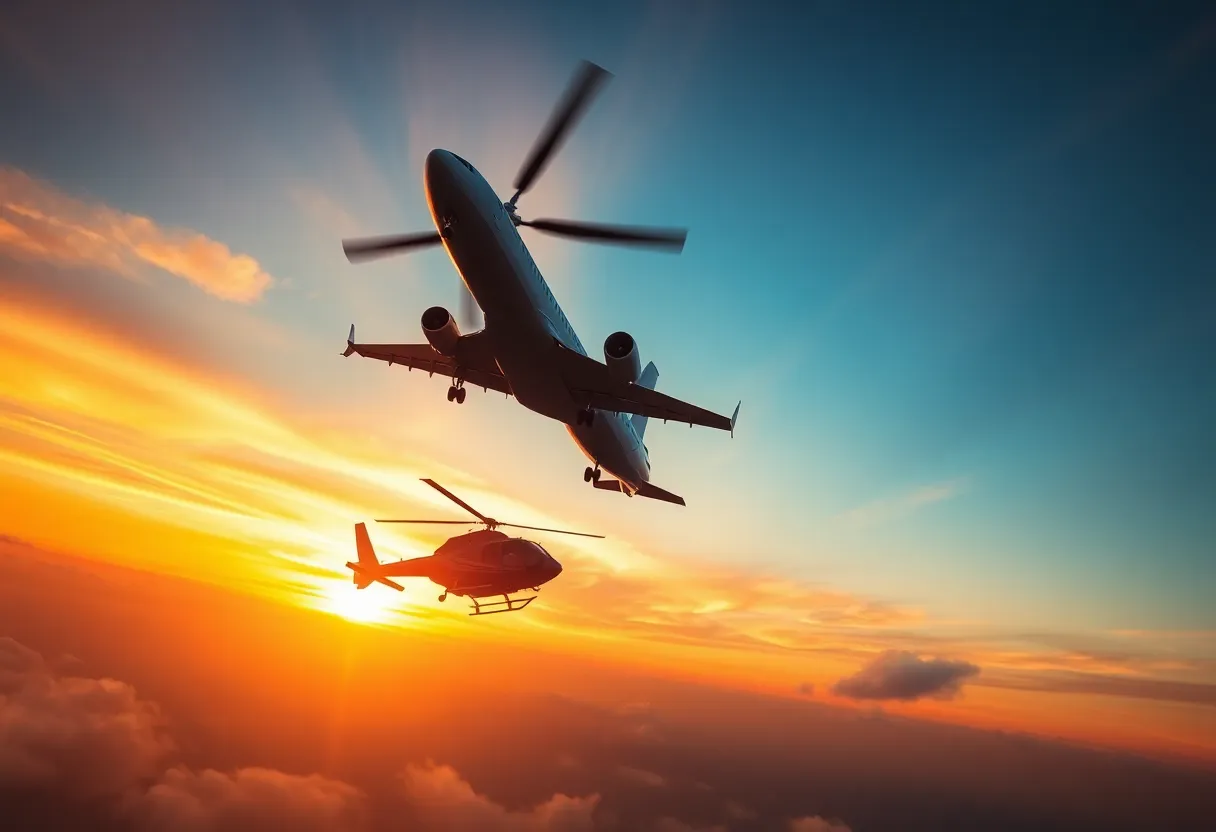 A representation of an airplane and helicopter in midair collision with a sunset backdrop.