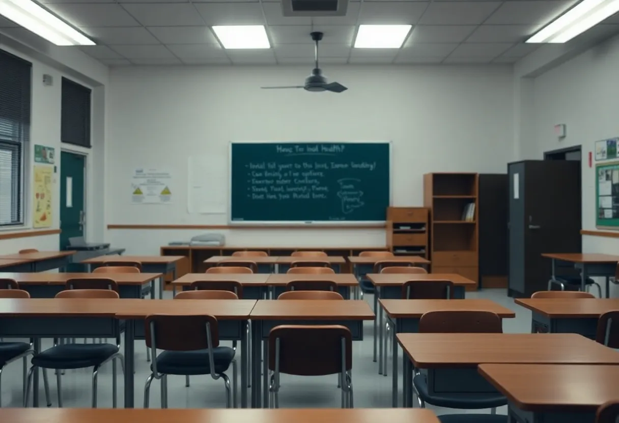 An empty classroom in Mooresville High School reflecting somber themes of safety and mental health.