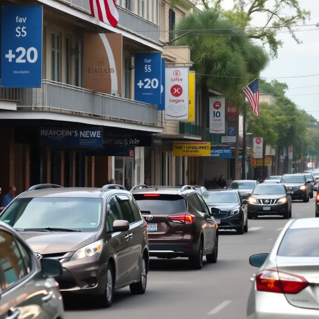 Traffic congestion in New Orleans with insurance service signs