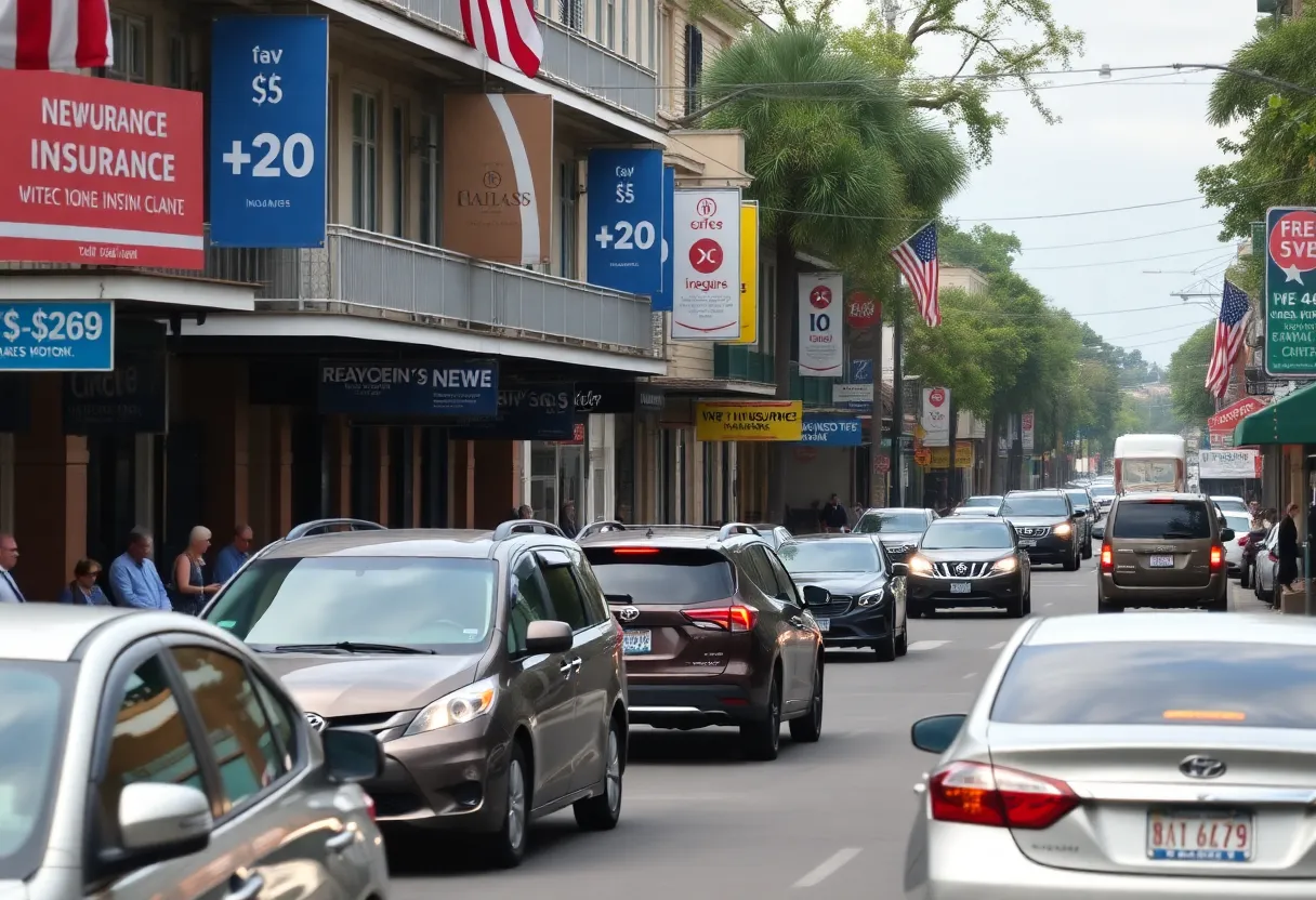 Traffic congestion in New Orleans with insurance service signs