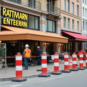 Construction of protective bollards outside Blind Tiger Shreveport