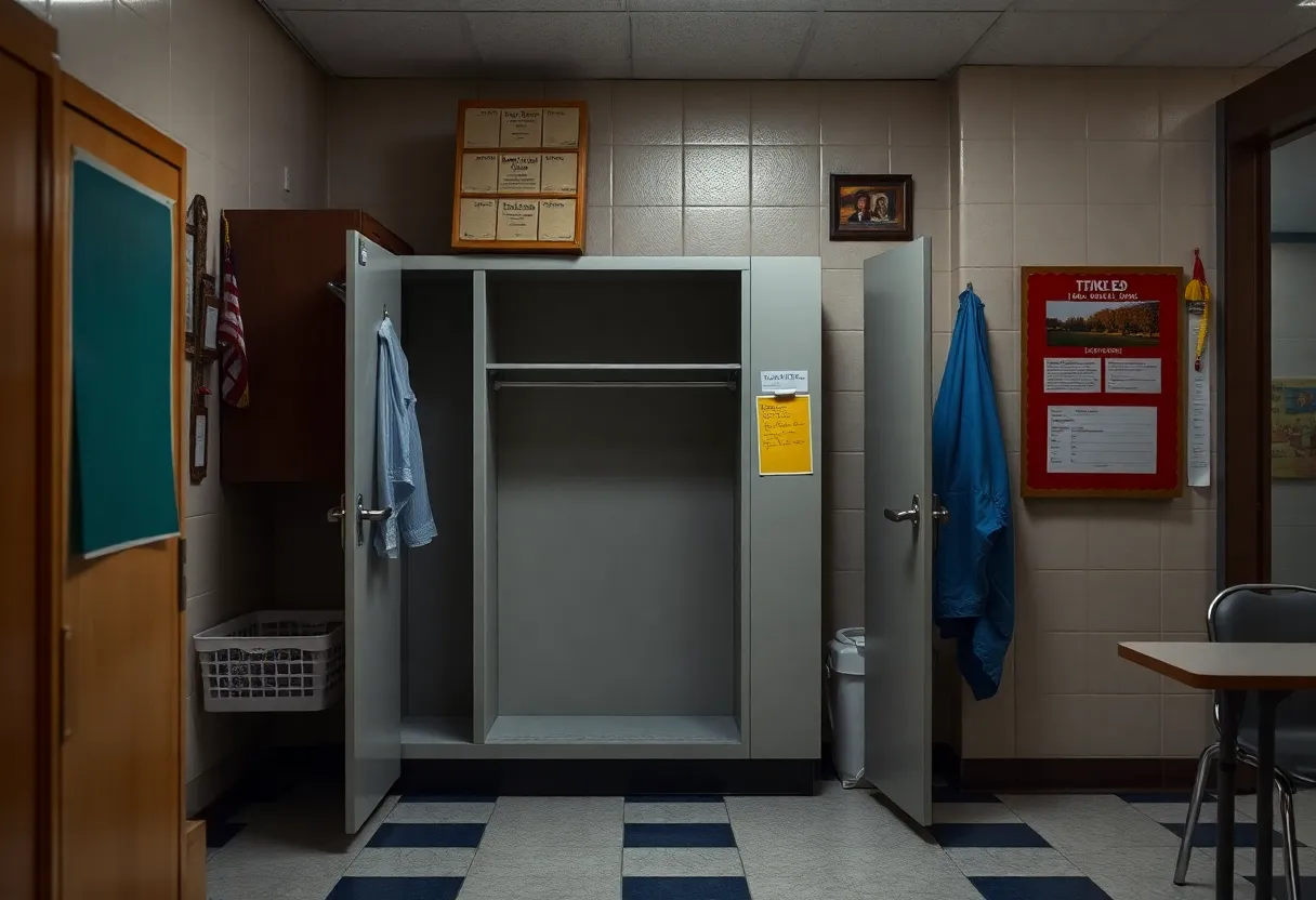 Empty janitor's closet in a school representing community loss