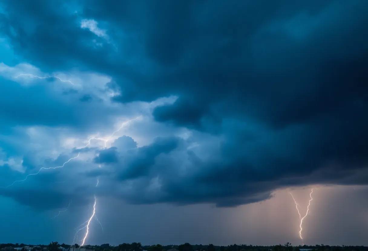 Stormy weather over Shreveport with dark clouds and lightning