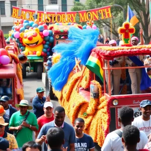 Crowd and parade floats at Shreveport's Black History Month parade