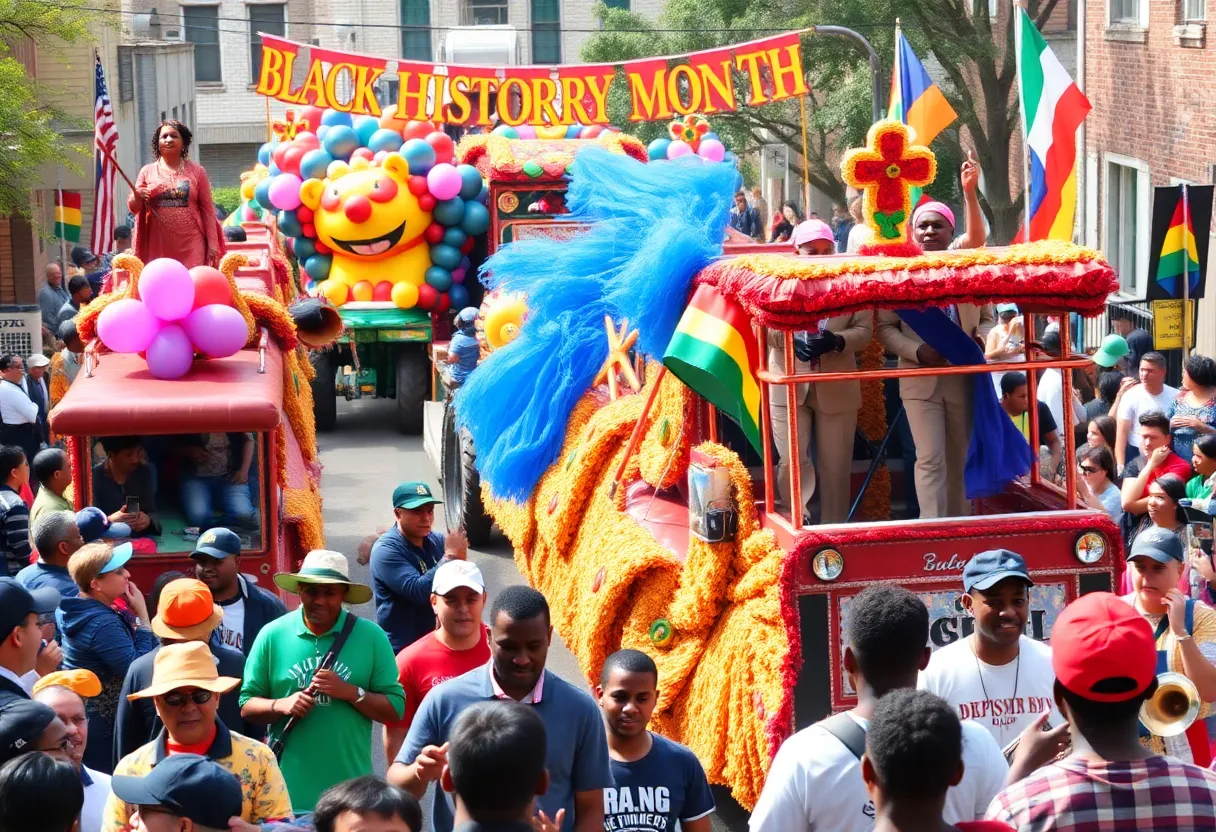 Crowd and parade floats at Shreveport's Black History Month parade